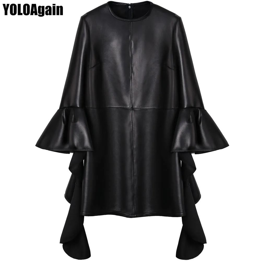 YOLOAgain женское черное платье из натуральной кожи с длинным Расклешенным рукавом