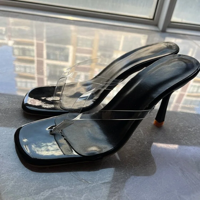 

2021 summer new style European and American fashion sandals and slippers transparent film high-heeled women's shoes 43 black