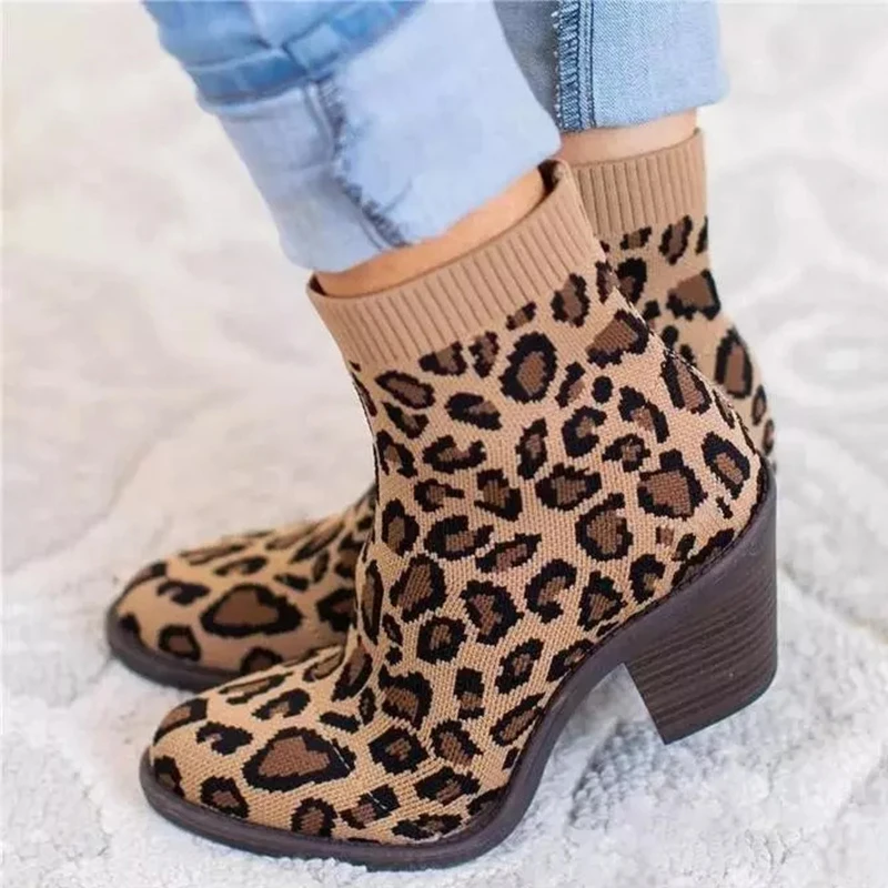 

Winter Breathable Stockings Boots Knitted Sock Boots Elastic Stretch Shoes Ankle Boots Leopard Square Heels Female Leopard Tenis