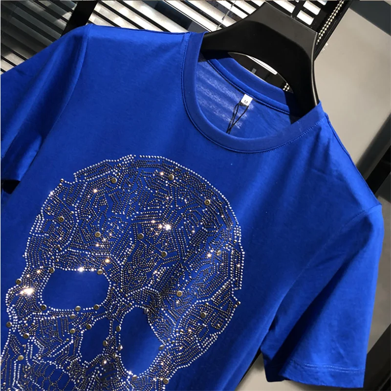 

Super high-end personality brand 100% fashion skull studded T-shirt slim short sleeve summer party T-shirt men