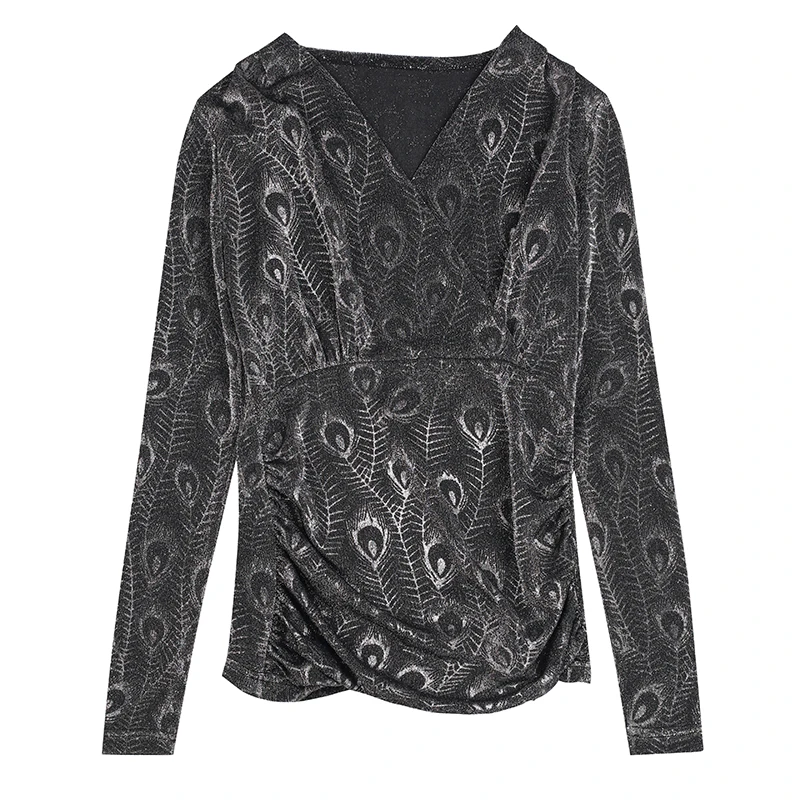 

Long Sleeve V-neck Vogue Print Women Tops and Blouses Bright Silk Slim Plus Size Blouse Women Shirts Korean Office Camisas Mujer