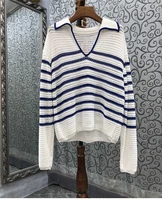 new 2021 autumn winter sweater pullovers high quality women turn down collar blue white striped patterns knitting casual jumpers