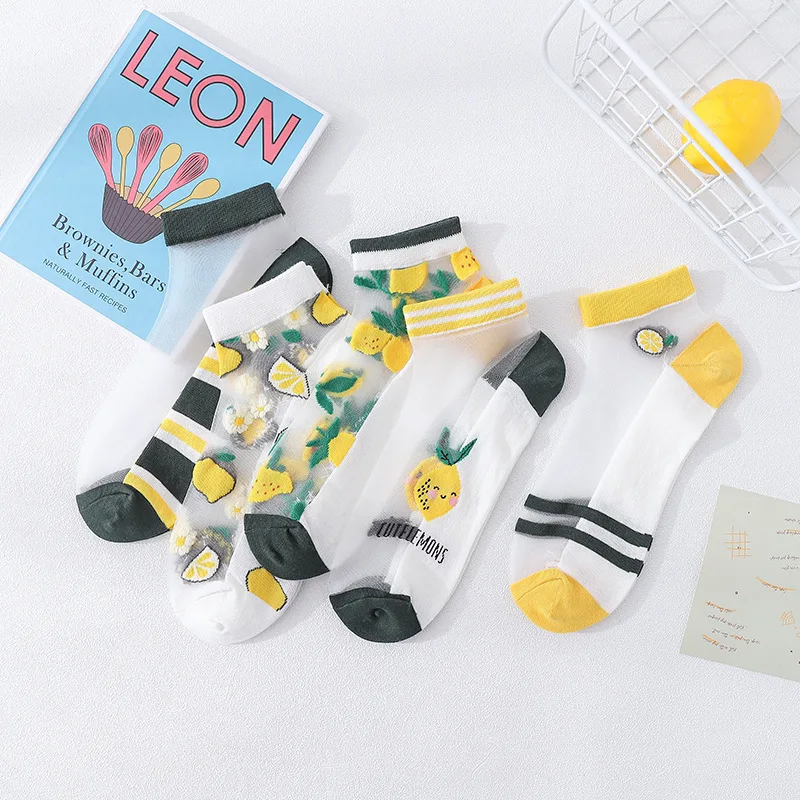 

5 Pairs Cartoon Women Socks Breathable Fruits Cute Boat Socks Nylon Kawaii Funny Crystal Girl Trend Ins Glass Silk Transparent