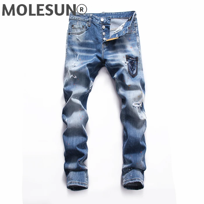

European American dsq jeans mens brand Denim jeans pants Men Slim denim trousers button blue hole Pencil Pants jeans for men
