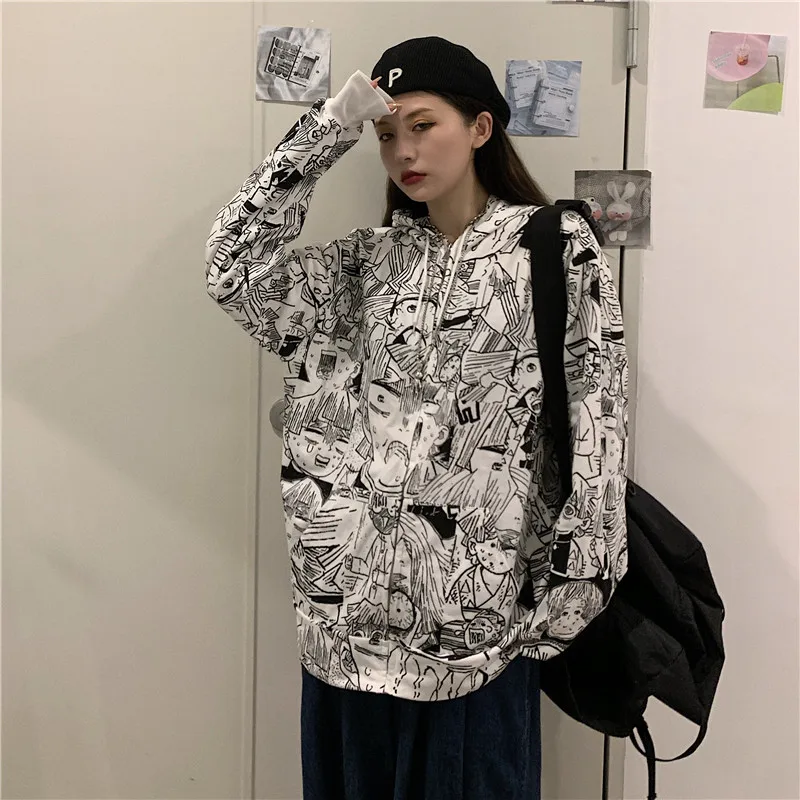 

Japanese Classic Anime Hoode White Orange Oversided Zip Up BN026 Graffiti Print Women Ladies Girl Spring Outwear Jacket Coat