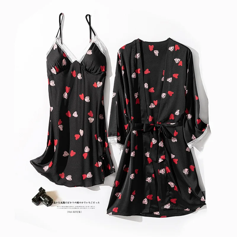 

Summer New Women Nighty&robe Set Print 2pcs Sleepwear Casual V-neck Short Kimono Bath Gown Nightwear Silky Satin Nightdress