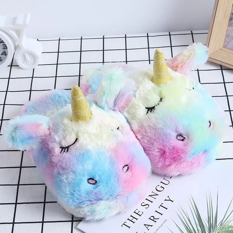 FAYUEKEY Cartoon Rainbow Unicorn Slippers Women Girls Winter Plush Warm Home Slippers Indoor Shoes Cotton Women Unicorn Shoes - Цвет: A free size 35-39