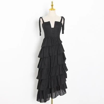 

2020 new summer fashion V-neck sleeveless straps ruffles asymmetrical cake dress high waist vacation vestido K266