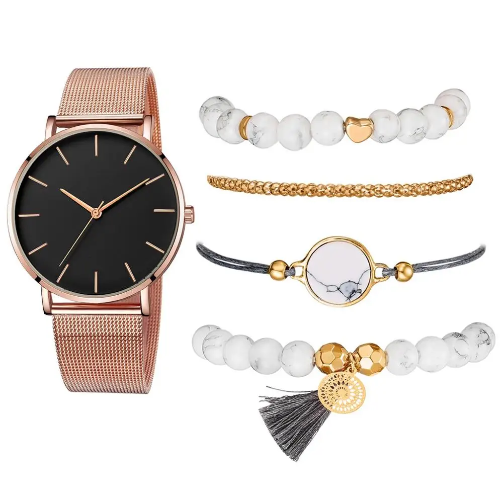 As Show Watch Set Новые Модные Элегантные женские часы, 5 шт. в наборе, браслет, кварцевый механизм, простые, водонепроницаемые, розовое золото, сетка, женские часы, Relogio Feminino - Цвет: As Show Watch Set