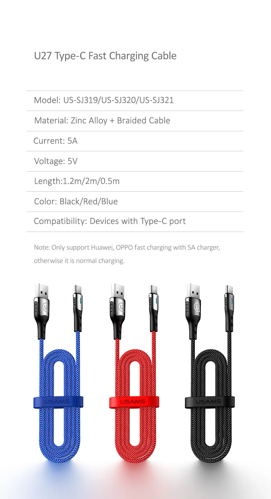 USAMS Быстрая зарядка USB C кабель 5A Быстрая зарядка Type C кабель для Huawei P10 P20 P30 Mate 9 10 20 умный зарядный шнур Type-C кабель