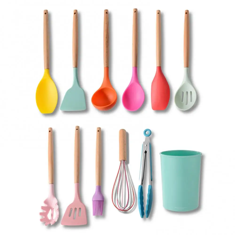 

12 Pieces/set Of Mixed Color Solid Wood Handle Non-stick Silicone Spatula Spoon Oil Beater Meal Cooker Set
