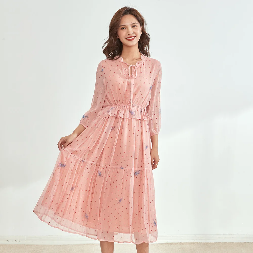 

Rongtai 2021 spring and summer pink silk dress women's thin silk skirt with drawstring