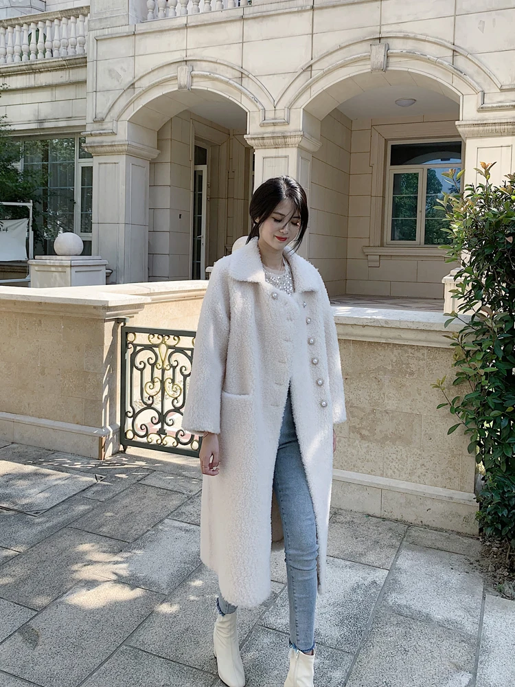 Женская шуба из 100% натурального меха овчины Длинная зимняя одежда 2020 корейские