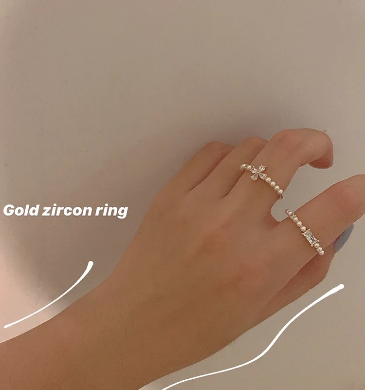 

New Fashion Pearl Zircon Ring for Women Girls Retro Simple Four-leaf Clover Design Adjustable Opening Ring Party Wedding Jewelry
