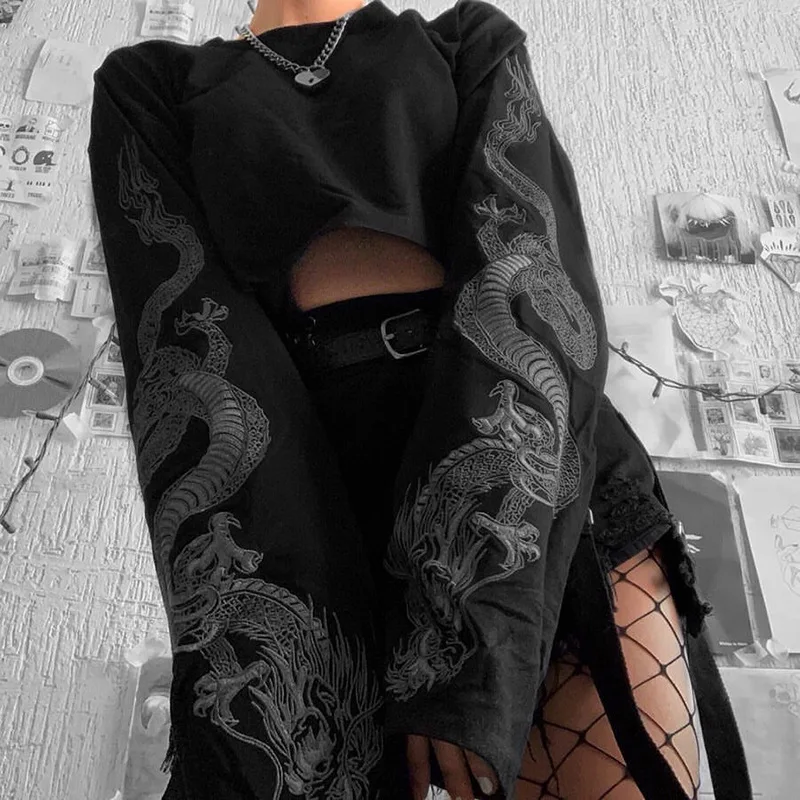 

2021 Black Crop Top Hoodie Women Sweatshirt Dragon Printed Harajuku Loose Sweatshirt Pullover Female Hiphop Top