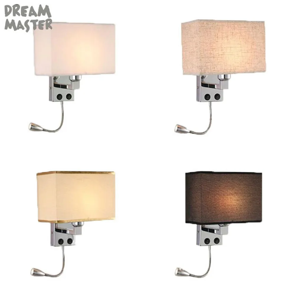 Rectangle Fabric Shade Wall Light w/o USB Charging Port,2 Switches E27 LED Wall Lighting with Adjustable Reading Lamp
