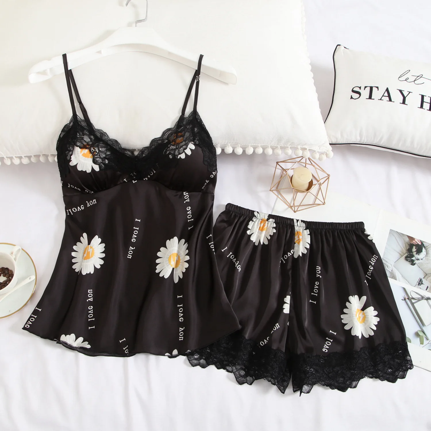 

Navy Blue Print Flower Women Pajamas Set Sexy Lace Mini Strap Top&shorts 2PCS Sleepwear V-neck Sleeveless Nightwear Home Clothes