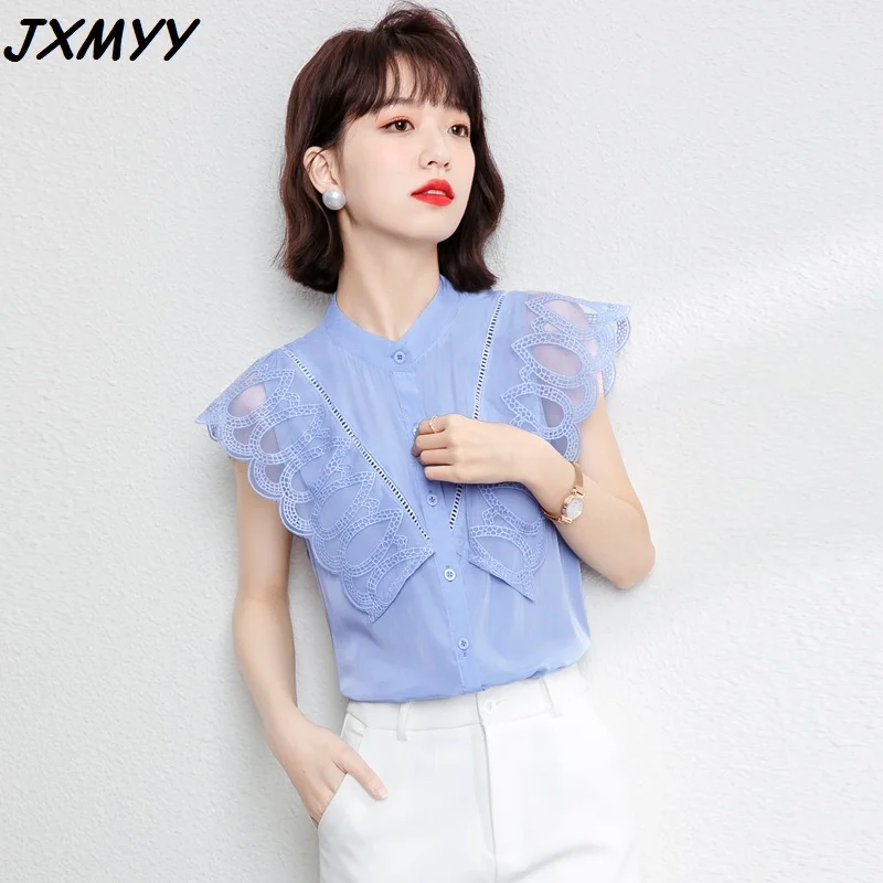 

Stand-up collar shirt 2021 summer fashion new lace stitching temperament sleeveless chiffon shirt top JXMYY