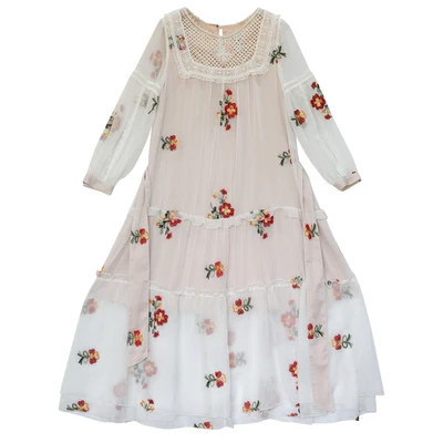 

LYNETTE'S CHINOISERIE Spring Autum New Original Design Women Vintage Mori Girls Lace Patchwork Embroidery White Loose Dresses