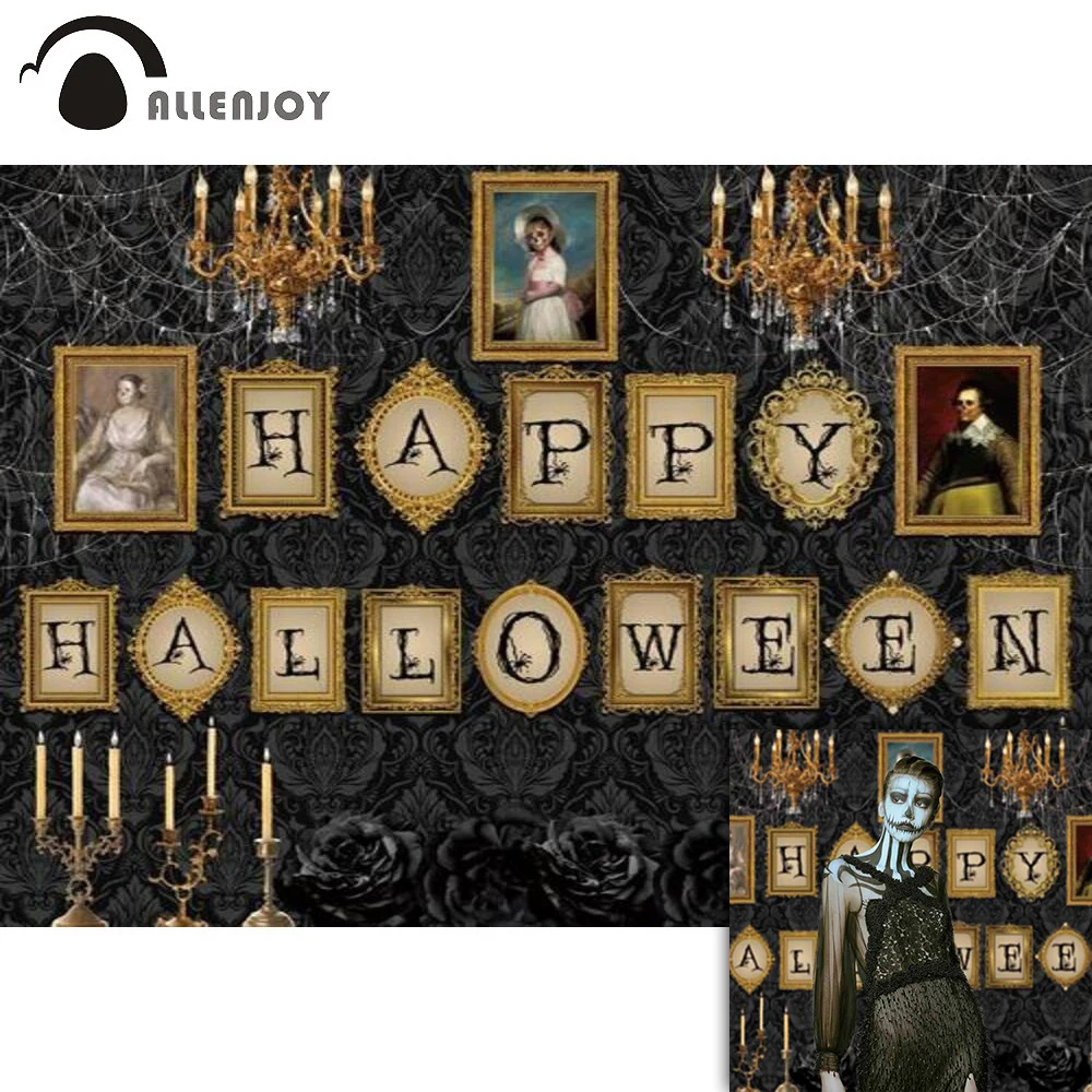 

Allenjoy Happy Halloween Backdrop Vintage Horror Pictures Black Wall Home Decoration Photographic Background Photophone Props