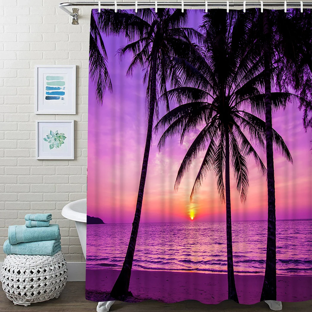 

Beach Shower Curtain Palm Trees At Sunset Shower Curtain Waterproof Fabric For Bathroom Decor Shower Curtains Set With Hooks