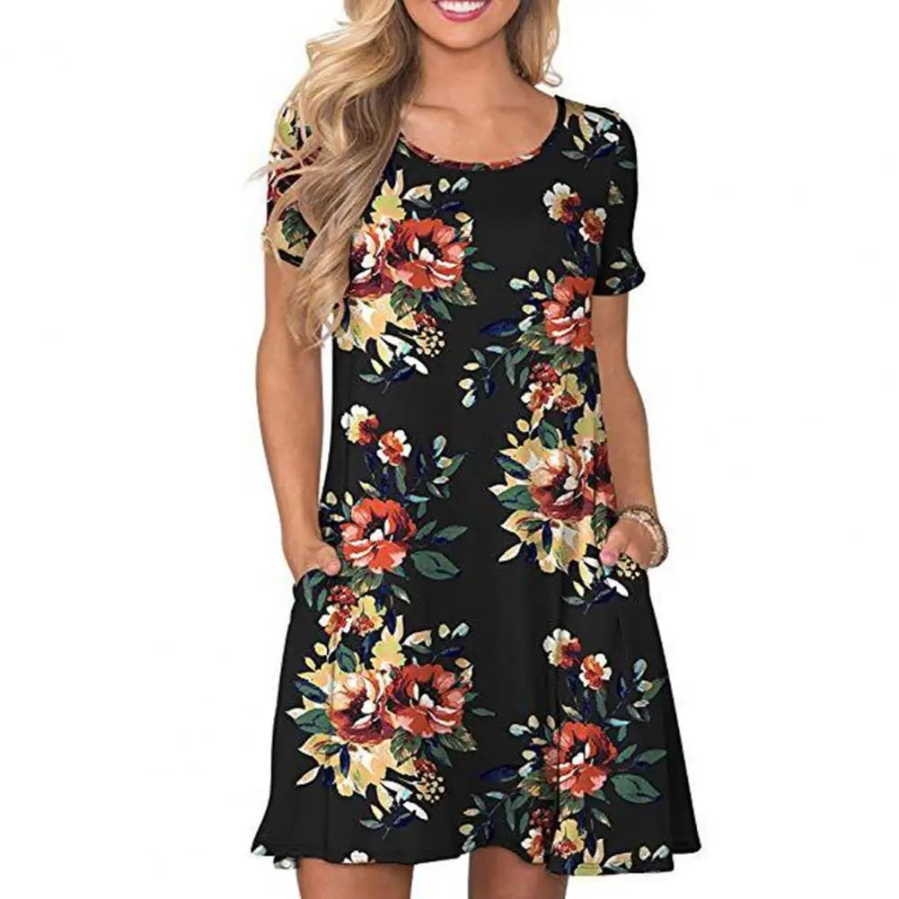 

2XL Mini Dress Short Sleeves Pockets Women Clothing Printed Round Neck Loose Dress for Daily Life Women Clothing Vestido Dresses