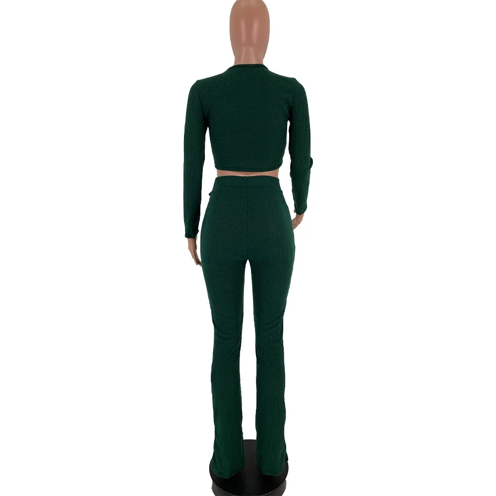 

HAOOHU Sexy Rib Knitted Two Piece Set Fall Clothes Club Outfits Long Sleeve Crop Top and Pants 2 Piece Matching Sets for Women