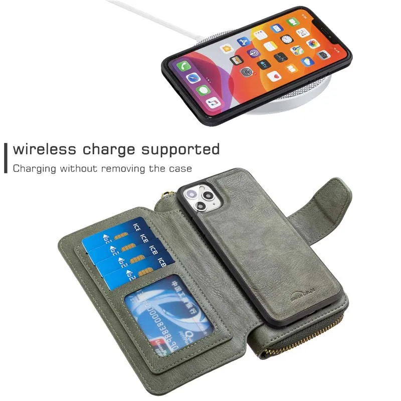 Кожаный чехол 2 в 1 кошелек на молнии Магнитный с отделением для карт iPhone 11promax 11 11Pro