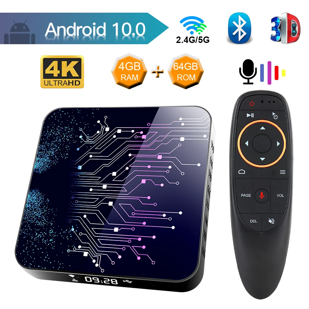 ТВ-приставка на Android 10 0 с голосовым помощником Google 4K 3D Bluetooth 2 4G и 5 8G Wi-Fi 4 Гб ОЗУ 64 ГБ