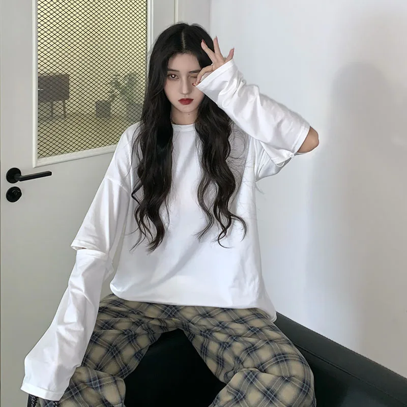 

Женская ажурная футболка с длинным рукавом, черно-белая свободная футболка бойфренда с круглым вырезом, лето 2021