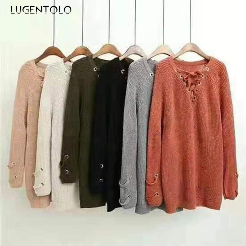 

Lugentolo Women Sweater V-neck Solid Color Sexy Chest Cross Straps New Loose Long Sleeve Female Casual Sweater