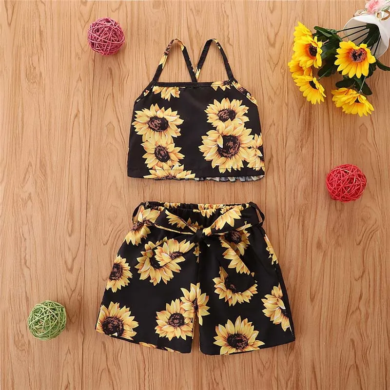 Conjuntos de ropa para ni&ntilde;as, Top con tirantes de girasoles y pantalones cortos, moda para ni&ntilde;os, estilo occidental, 2 uds.-2