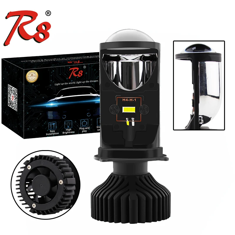 Миниатюрная светодиодная фара R8 высокой мощности для мотоцикла H4 HS1 P43t 6500 лм К
