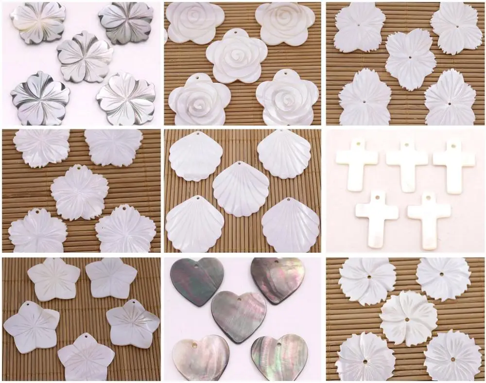 

5PCS Natural White Black mother of pearl shell Jewelry Making 17mm-45mm Flower Cross Moon Choose
