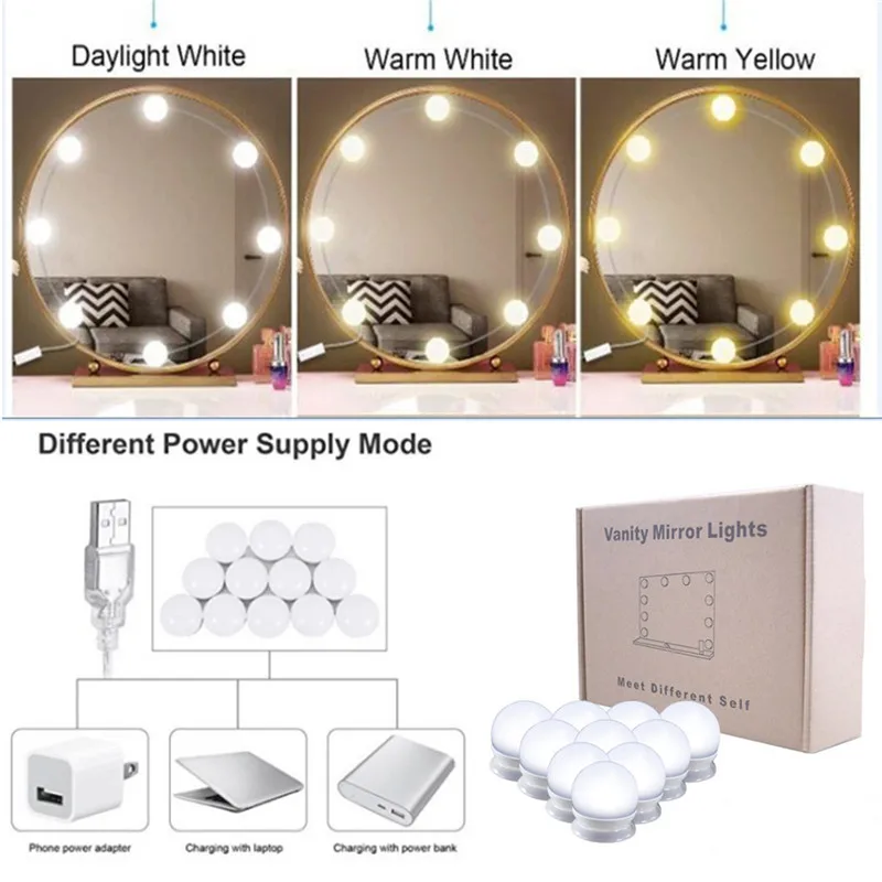 USB LED 5V Makeup Mirror Light Bulb Hollywood Vanity Lights Stepless Dimmable Wall Lamp5 10Bulbs Kit for Dressing Table | Лампы и