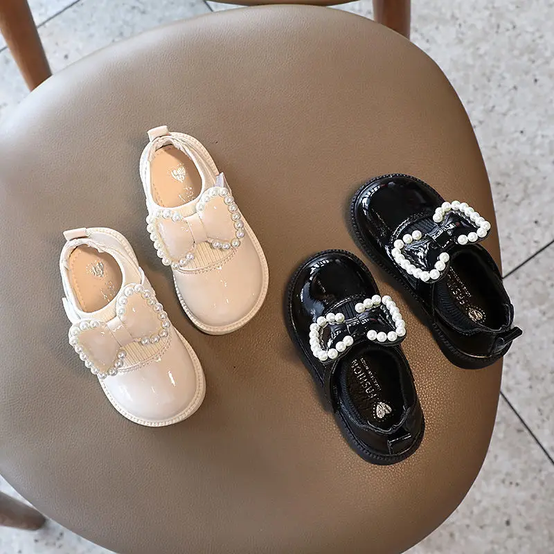 Zapatos de suela blanda para ni&ntilde;os y ni&ntilde;as, zapatillas de princesa con lazo y perlas, de cuero PU, para primavera y oto&ntilde;o-2