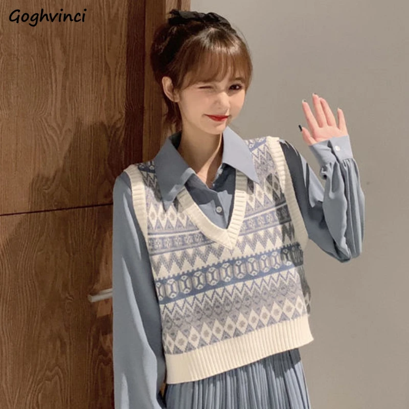 

Sweater Vest Spring Knitted Trendy Crop Vintage Korean Style Street Harajuku All-match Geometric Pattern Casual Preppy Outerwear