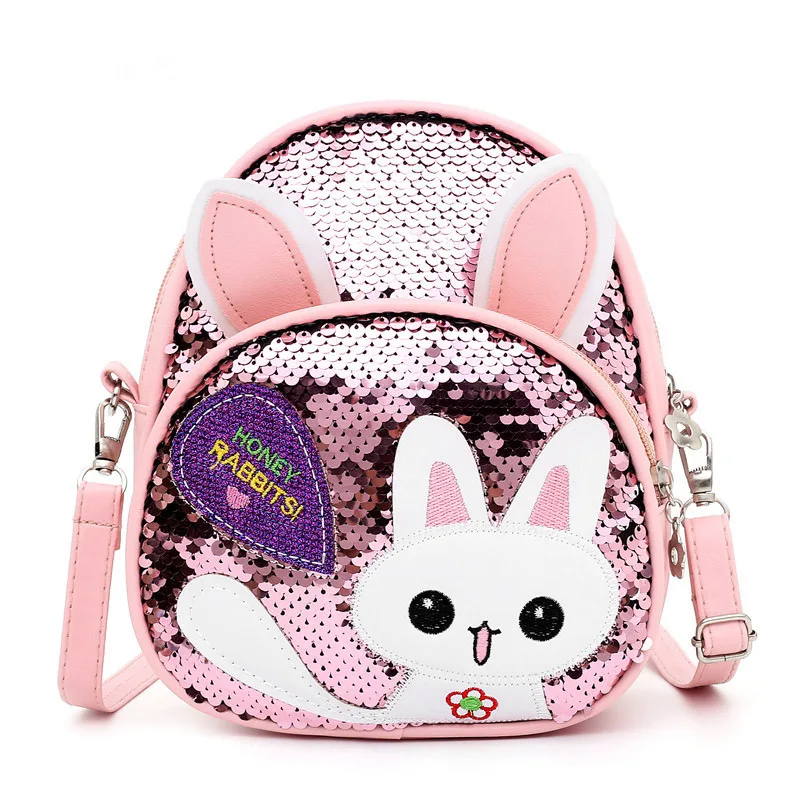 2-6 Yrs Girl Children PU Backpack Rabbit Sequins Small Shoulder Bag Personality Laser Handbag Kids Plush Backpack Snack Pack