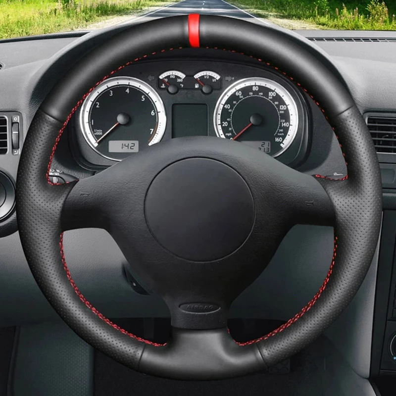 Черная искусственная кожа Чехол рулевого колеса автомобиля для Seat Leon MK1 (1 м) 1998-2005 Skoda Fabia RS 2003 Fabia 1 (6Y) 2004-2005 - изображение