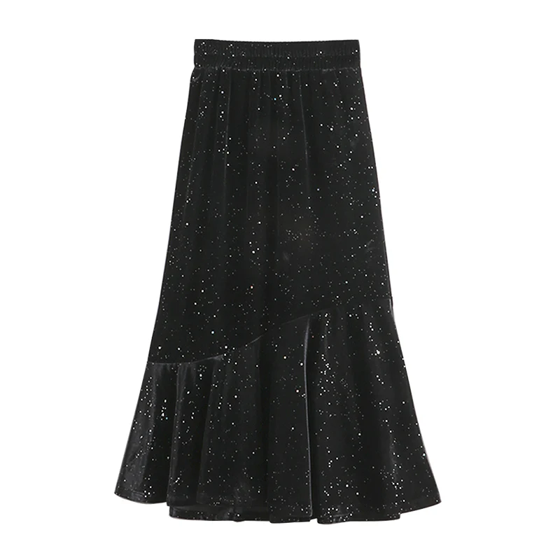 

Shine Velvet Solid Women Skirts Autumn Winter High Waist Ruffles Patchwork Mermaid Office Lady Elegant Clothing Top