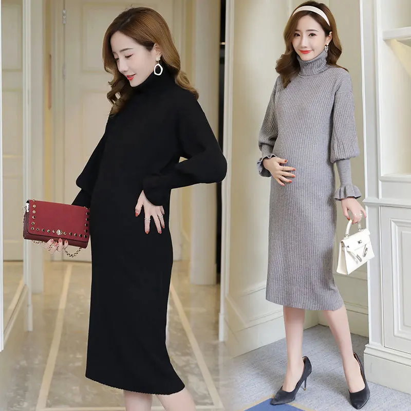 Осенне-Весенние длинные вязаные платья для беременных приталенная повседневная