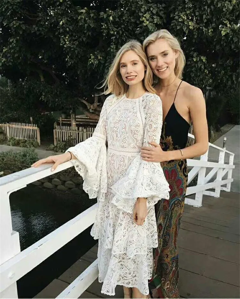 Белое кружевное платье e вечернее для женщин 2020 весна оборки о-Круглый вырез