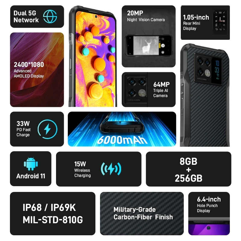doogee v20 5g global version new smartphone 6 43 amoled display 20mp night vision camera 33w fast charging nfc 6000mah battery free global shipping