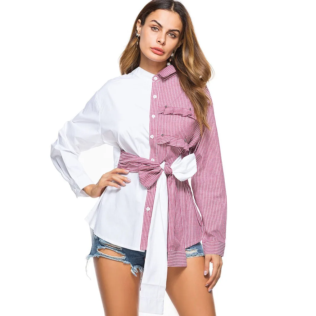 Бесплатная Страусиные Женские топы и блузки с бантом в полоску асимметричная