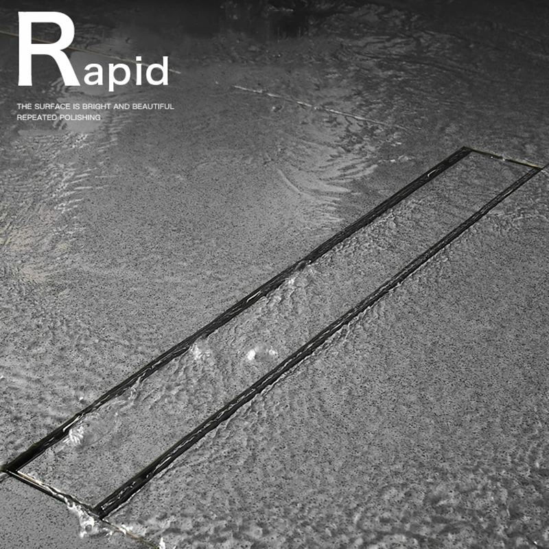 

Black long strip floor drain shower room large displacement bathroom rectangular lengthened deodorant invisible stainless steel