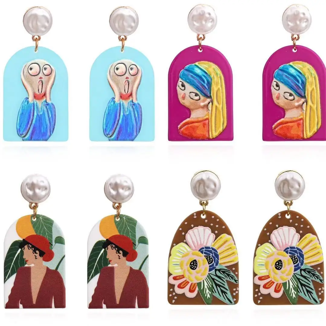 

Cartoon Painted Resin Pearl Earrings Retro Pastoral Character Print Earrings
