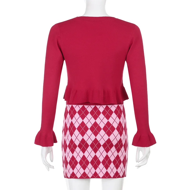 

Preppy Style Argyle Knitted Sweaters Matching Sets for Women Fashion Long Flare Sleeve Cropped Cardigan Skirts Two Piece Set