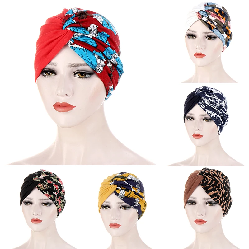 

African Print Floral Turban Hat Head Wrap Hair Accessories Woman Knotted Head Scarf Two-color Stitching Cap Fashion Banadans