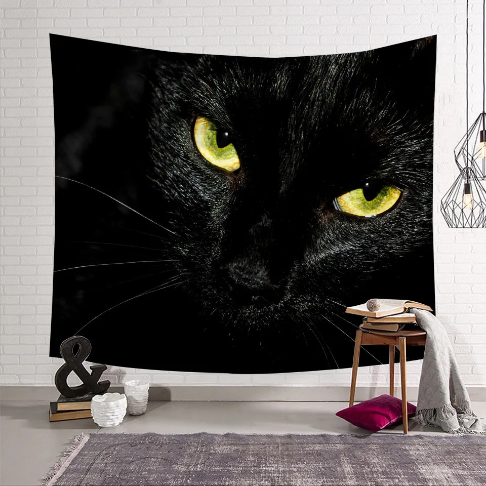 

Black Cat Tapestry Bedroom Living Room Dormitory Wall Hanging Tapestry Night Cat's Eye Polyester Washable Blanket
