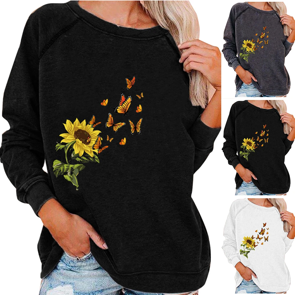 

Свободный свитшот с подсолнухами и бабочками, облегающий зимний Женский свитшот с длинным рукавом и круглым вырезом, Осенний Топ